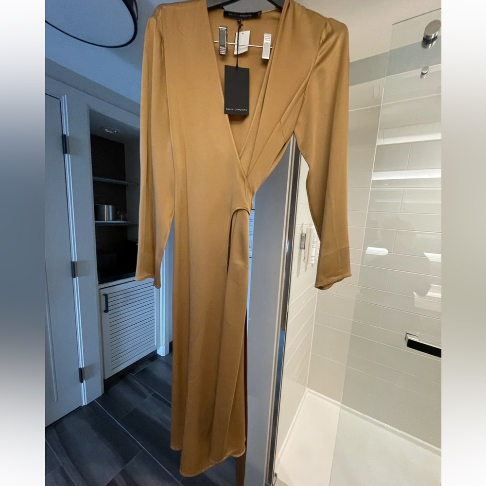 Sally Lapointe Camel/Gold Silk D Ring wrap dress